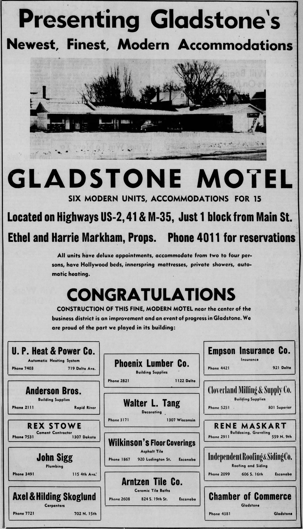 Gladstone Motel - Dec 18 1953 Opening Ad